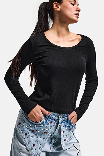 it's basic Bluză neagră pentru femei w5, 100% bumbac organic, elastică, cu cr...