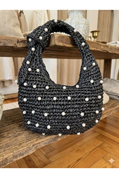 Axesoire NWC-1054 Μαύρη Πέρλα Πέτρα Ψάθινη Τσάντα Χειρός 43x30 εκ.