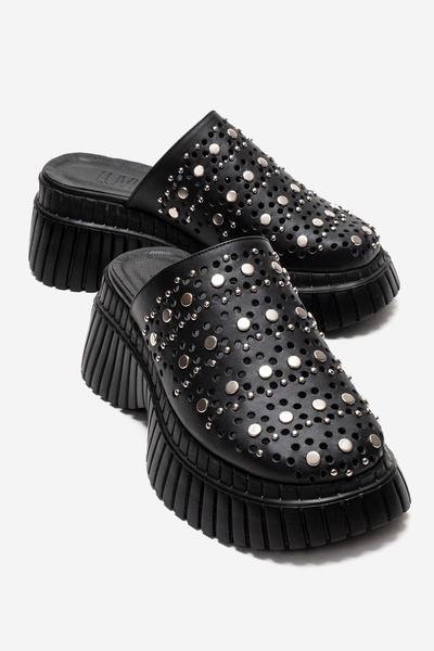 LuviShoes HARLOW Μαύρες Γυναικείες Παντόφλες με Σφήνα Σόλα από Γνήσιο Δέρμα