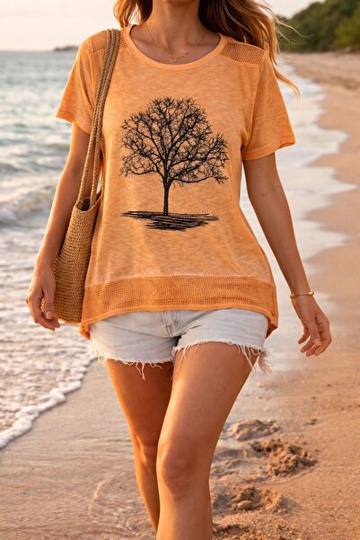 AGORATEKSTİL Γυναικείο μπλουζάκι από χτενισμένο βαμβάκι με σχέδιο δέντρου, με...