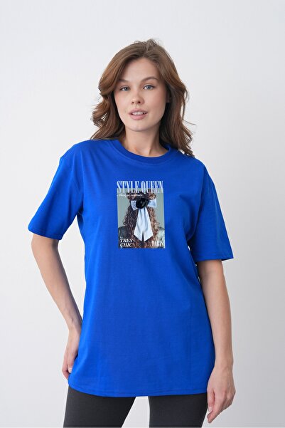 TREND EMMODA Tricou din bumbac albastru Saks, cu imprimeu foto scris, cu gât ...