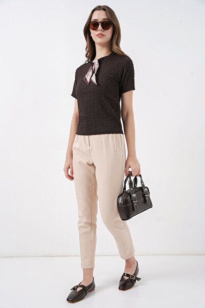 Modamorfo Women's Short Sleeve Scarf Knitted Blouse 981 - Brown