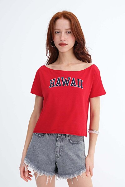 Addax Kayık Neckline Printed T-Shirt P1884