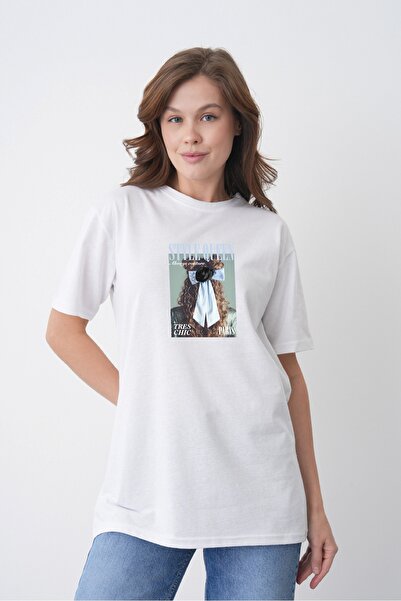 TREND EMMODA Tricou din bumbac alb, cu gât rotund, cu imprimeu text Queen Par...