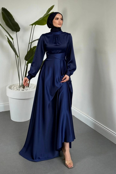 Tesettür Diyarı Βραδινό φόρεμα χιτζάμπ από σατέν Grase Çapraz - Μπλε ναυτικό