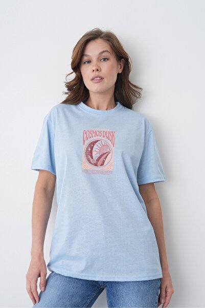 TREND EMMODA Tricou de damă din bumbac albastru, cu imprimeu grafic Mystic Co...