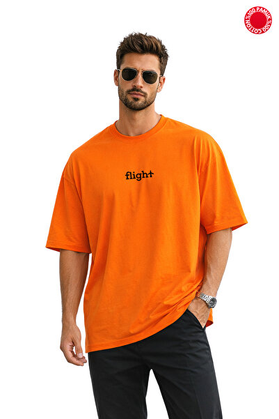 DUBU BUTİK Orange Oversize T-Shirt Unisex 100% Cotton Flight Text Printed Min...