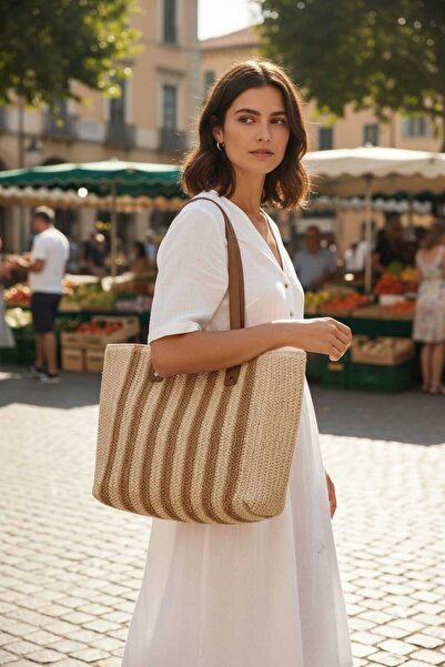 Aware Time Ženska slamnata torba na rame sa zatvaračem za plažu i svakodnevnu...