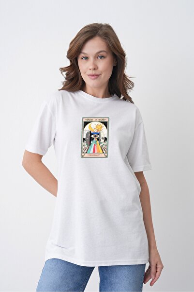 TREND EMMODA Tricou din bumbac alb, cu gât rotund, imprimat cu cărți de tarot...
