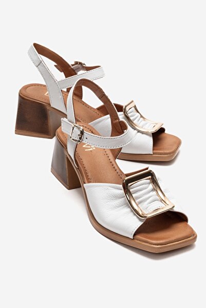 LuviShoes Asha White Buckle Genuine Leather Women's Thick Heeled Sandals