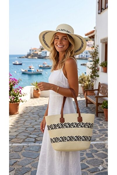 podyumgiyim Women's Straw Beach Hat & Bag Set Black Patterned Summer Combination