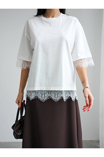 MAESTRO WOMAN Γυναικεία λευκή δαντελένια μπλούζα με λεπτομέρειες, κοντομάνικη...