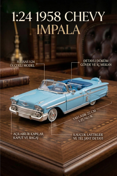 craftivio 1:24 1958 Chevy Impala Metal Lisanslı Model Araba - Mavi Klasik Kol...