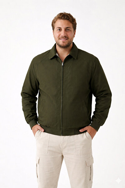 freemen معطف بومبر رجالي كاكي اللون بياقة عالية وسحاب أمامي - نطاق مقاسات كبيرة-