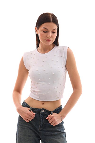 MYZ LİFE Black Silver Pearl Accessory Detailed Crop Body Camisole Fabric Full...