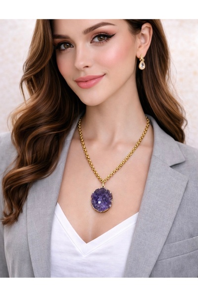 PERA ROSE 💜 Ametist Taşlı Çelik Zincir Kolye 💜