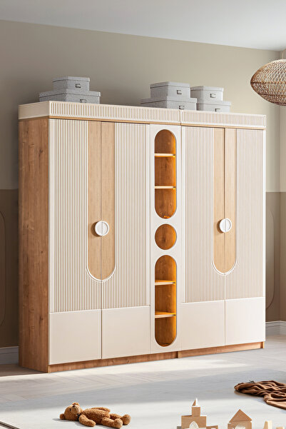 Setay Gardırop, Vira 4 Kapaklı Dolap ve Ledli Kitaplık, Ceviz - Krem