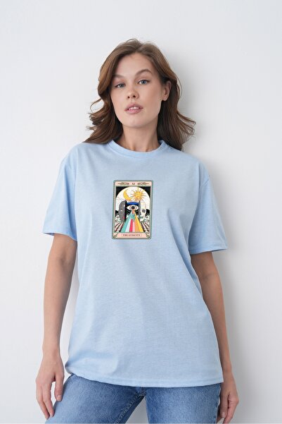 TREND EMMODA Tricou de damă din bumbac albastru, cu imprimeu Mystic Sun Moon ...