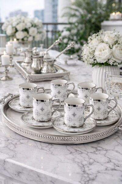 isra kristal Silver Patterned 6-Piece Coffee Cup Set - Porcelain Turkish Coff...