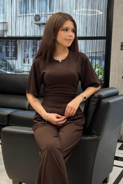 sunfyre Women's Crew Neck Short Sleeve Fitted Waist Tie Detail Set Sun316