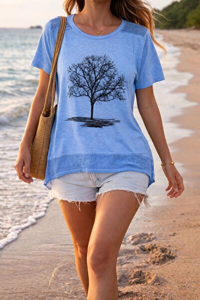 AGORATEKSTİL Γυναικείο μπλουζάκι από χτενισμένο βαμβάκι με σχέδιο δέντρου, με...