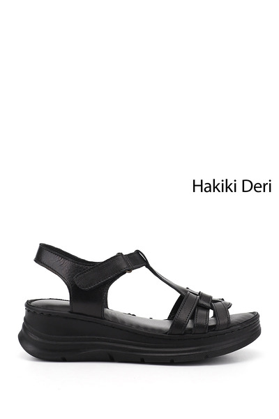 GÖNDERİ(R) Women's Black Velcro Strap Wedge Heel Genuine Leather Sandals