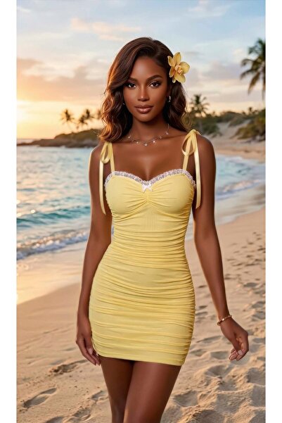 İntive Lingerie Γυναικείο κίτρινο φανταχτερό φόρεμα με λεπτομέρειες κορδονιών...