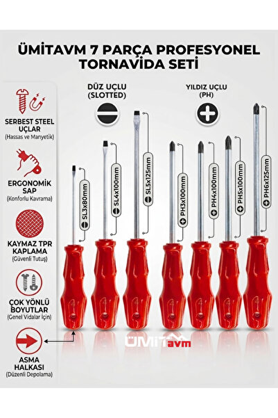 ÜMİTAVM 7 Parça Profosyonel Tornavida Seti Mıknatıslı Düz ve Yıldız Uçlu Çok ...