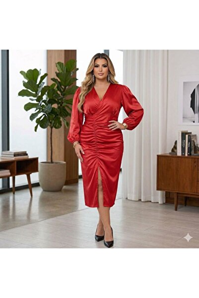CİXAPLE Long Sleeve Slit Satin Dress