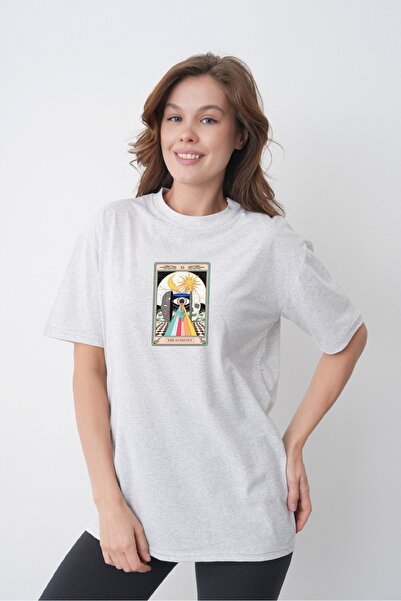 TREND EMMODA Tricou de damă din bumbac gri, cu imprimeu Mystic Sun Moon Tarot...