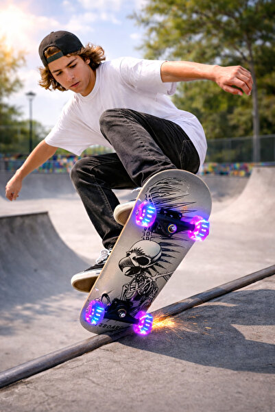 Saule Işıklı Silikon Tekerli Pro Kaykay Zımparalı Kaymaz Profesyonel Skateboa...