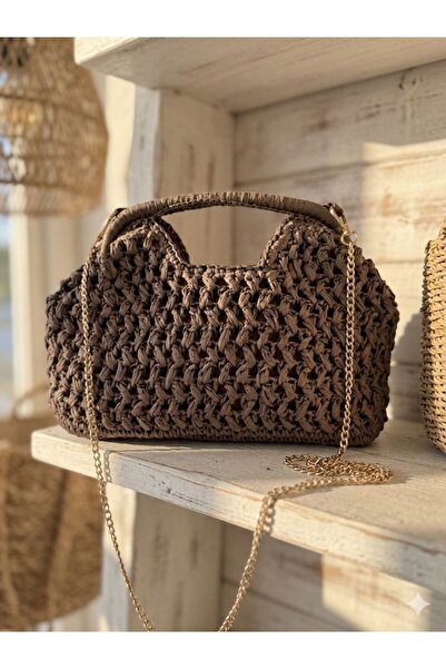 Axesoire NWC-1059 Kahverengi İpli Hasır Çanta 34x26 cm