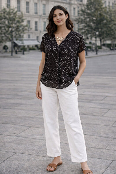 AYHAN Puantili and Collar Chiffon Blouse