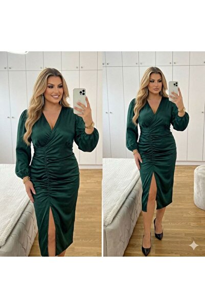 CİXAPLE Μακρυμάνικο σατέν φόρεμα με σκίσιμο