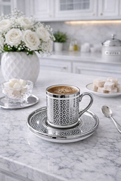 isra kristal Silver Patterned 6-Piece Coffee Cup Set - Porcelain Turkish Coff...
