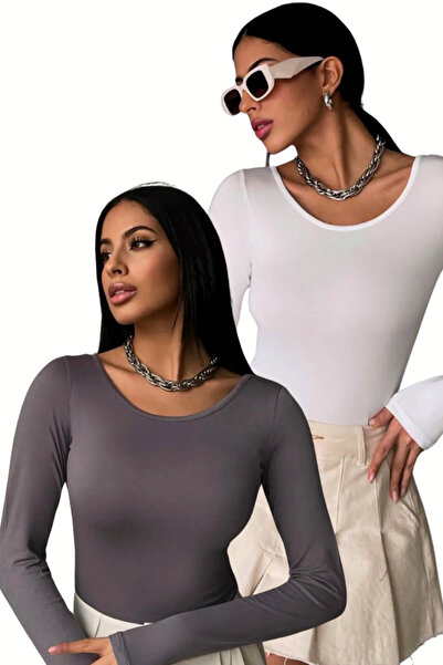 Bipantolon بلوزة نسائية باللون الأبيض والرمادي بياقة الأميرة