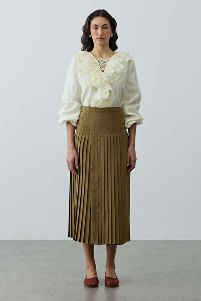 Fahhar Kapaklı Pilise Etek Haki