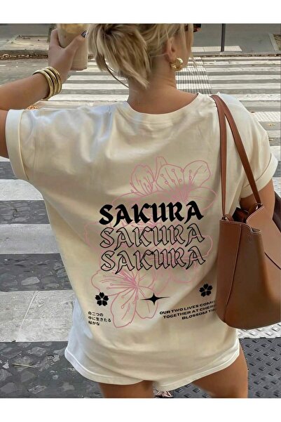 MOONBULL Women's Sakura Flower Back Print Oversize T-Shirt