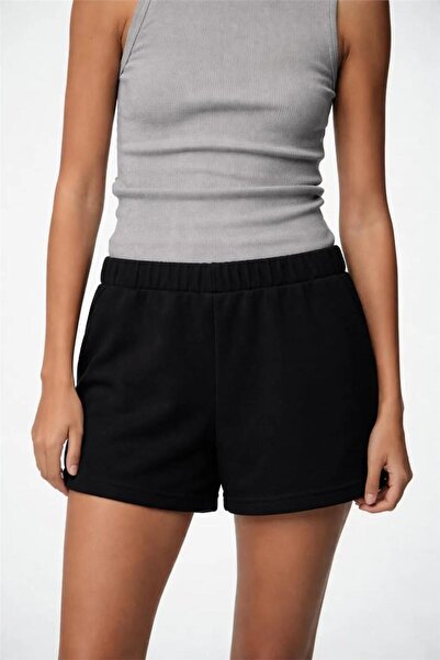 WeShaya Black Cotton Three Thread Elastic Waist Relaxed Fit Soft Textured Sho...