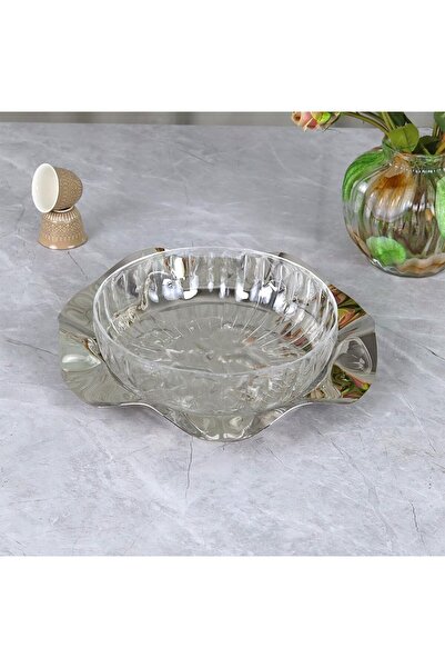 Al Hadaya Mall صحن تقديم استيل مع صحن زجاج بتصميم أنيق وفاخر ــ فضي شفاف ــ 2...