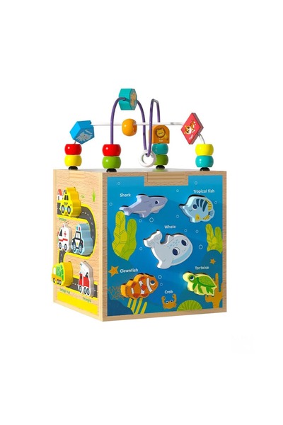 sallma Cub de activitati din lemn multicolor cu labirint de margele si puzzle...