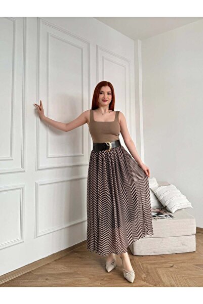 Moda Asrın Zigzag Desen Kemerli Şifon Etek KahveRENGİ