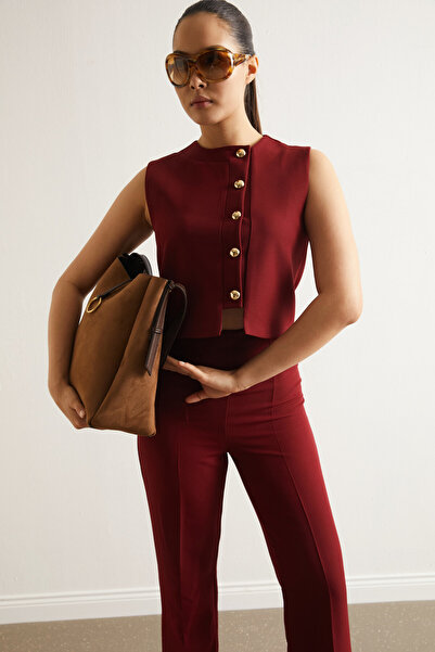Swass Minimal Gold Buttoned Vest Trouser Suit Burgundy