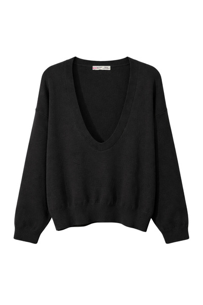 Mixray 7029 women's deep v-neck basic knit sweater black
