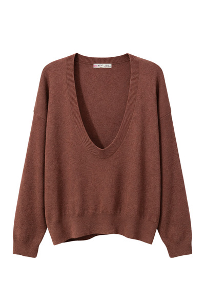 Mixray 7029 Women's Deep V-Neck Basic Knitwear Sweater Brown