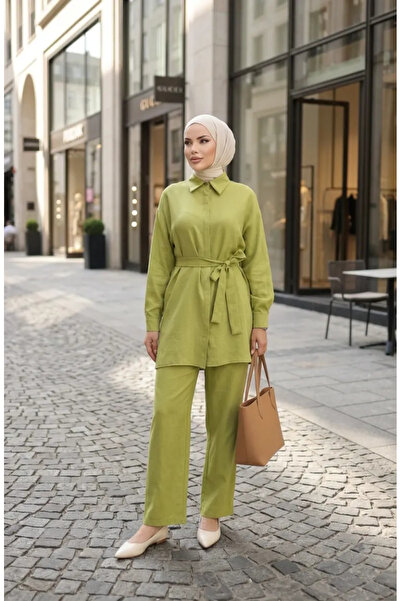 sefamerve Shirt Collar Belted Linen Two-Piece Suit 71199-01 Green