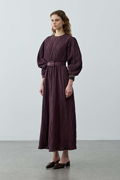 Fahhar Kıraşlı Kaplama Kemerli Elbise Mürdüm