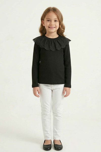 zubi kids Girl's Ribbed Guipure Detailed Long Sleeve Badi - Black (Ages 5-12)