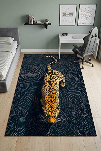 Pixel Dizayn Leopar Desenli Genç Odası Halısı Kaymaz Taban Modern Dijital Bas...