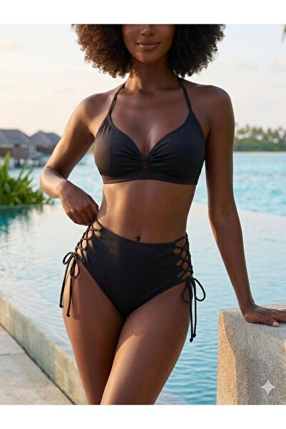 DEEP BEACH High-Waisted Bikini Set with Gathering Drawstrings